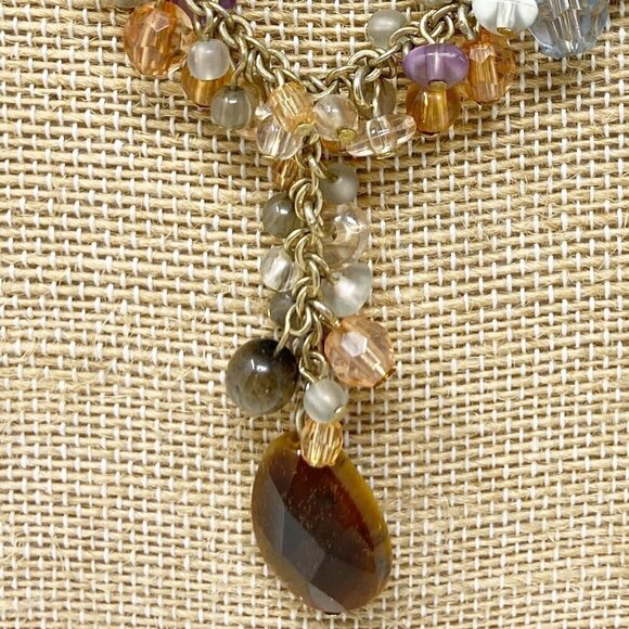 Neutrals & Brown Beaded clusters w/Center Dangle Pendant on gold tone chain - Picture 3 of 6